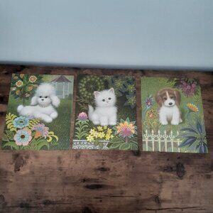 Arthur A. Kaplan Vintage Artist K Chin Puppies & Kitten Floral Set of 3 Prints